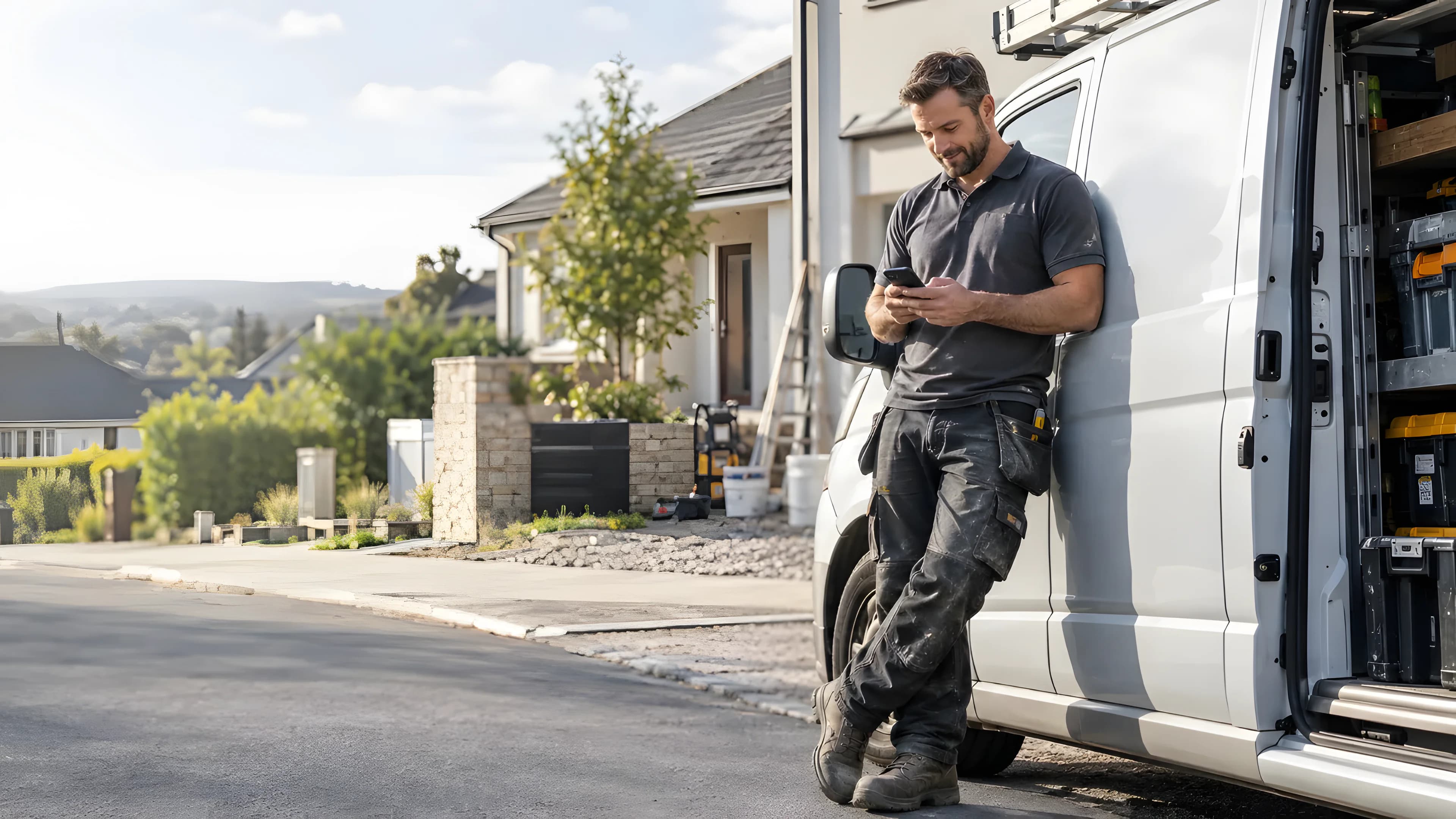 A tradesman leaning on his van, reading a customer message on his phone.